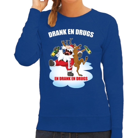 Foute Kerstsweater / outfit Drank en drugs blauw voor dames XS -