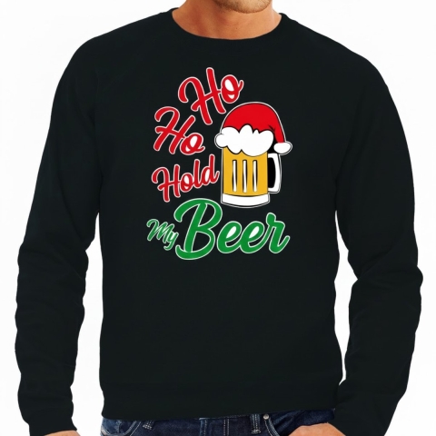Foute Kersttrui sweater voor heren - Ho ho hold my beer - zwart - Kerstkleding - drank 2XL -