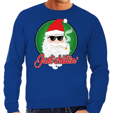 Foute Kersttrui just chillin - blowende kerstman - blauw - heren - kerstborrel - sweater XL (54) -