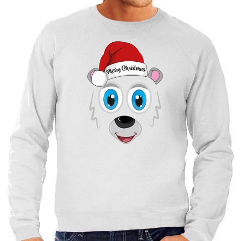 Foute Kersttrui/sweater voor heren - IJsbeer gezicht - lichtgrijs - Merry Christmas XL -