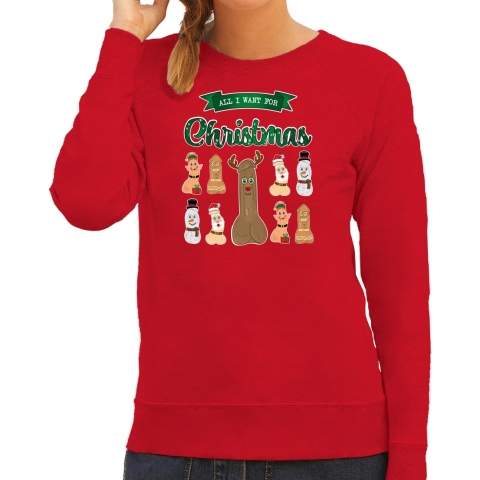 Foute Kersttrui/sweater voor dames - All I want for Christmas - rood - piemel/penis 2XL -