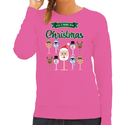 Foute Kersttrui/sweater voor dames - Kerst Wijn - roze - All I Want For Christmas XS -