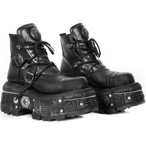 New Rock M-TANK007-S1 Zwarte leren Gothic Combat Platform enkellaarsjes