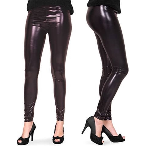 Folat Dames legging - verkleedkleding - Zwart metallic - strak - glimmende broek L/XL -