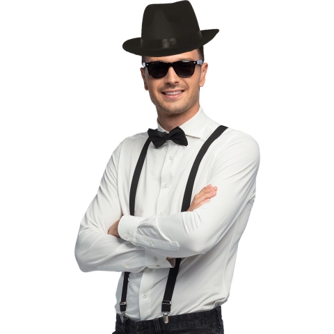 Carnaval verkleed set compleet - gangster/maffia hoedje/bretels/bril/strikje - zwart - volwassenen -