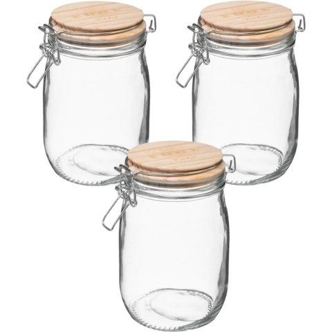 Weckpot/voorraadpot - 3x stuks - 1L glas - houten deksel en beugelsluiting - luchtdichte afsluiting -