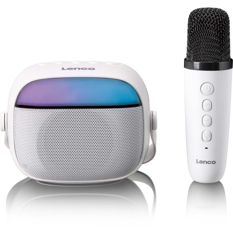 LENCO BTC-020WH - Compacte karaoke speaker met Bluetooth®, oplaadbare batterij, draadloze karaoke microfoon en LED-lichteffecten - Wit
