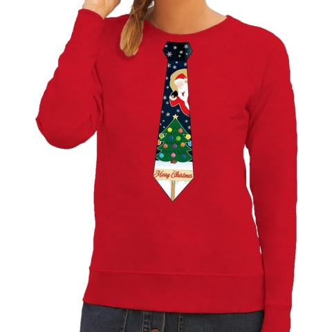 Bellatio Decorations Foute kersttrui - sweater - met stropdas kerst print - rood - voor dames XS (34) -