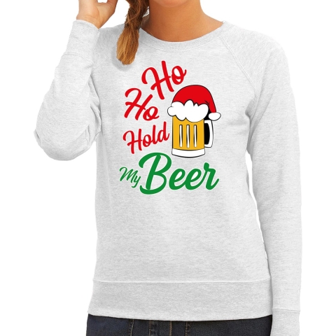 Ho ho hold my beer fout Kerstsweater / outfit grijs voor dames M -