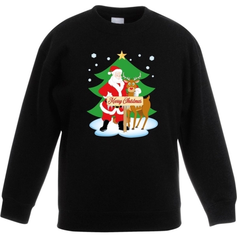 Kersttrui kerstman en rendier zwart kinderen 5-6 jaar (110/116) -