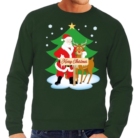 Foute kersttrui - kerstman en rendier Rudolf - groen - voor heren - kerst sweater 2XL (56) -