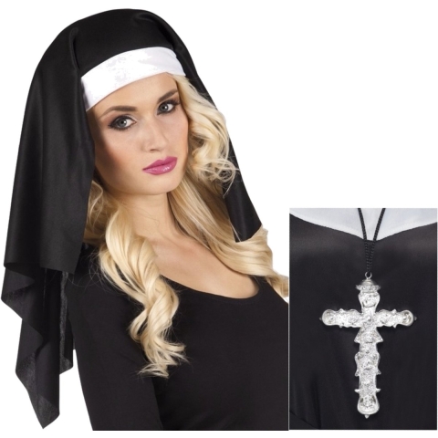 Religieuze Non carnaval verkleed set - hoofdkap met kraag - zilveren kruis aan ketting - Voor Dames -