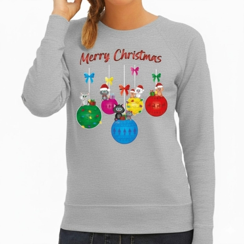 Kersttrui / sweater voor dames - kerstbal - lichtgrijs - kerstpoes - Merry Christmas - poes S -