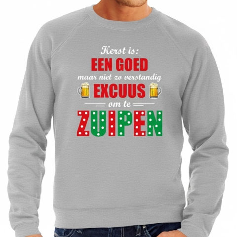 Foute kersttrui / sweater voor heren - grijs - kerst goed excuus om te zuipen - bier L -