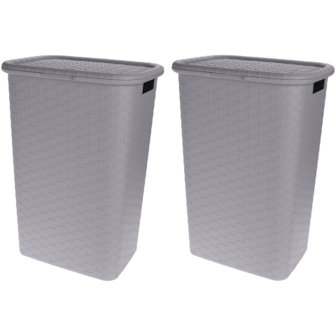 Storage Solutions Wasmand - 2x stuks - rotan - met deksel - grijs - 60 liter - 33 x 44 x 60 cm - kun -