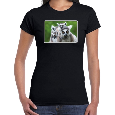 Dieren t-shirt met maki apen foto zwart voor dames S -