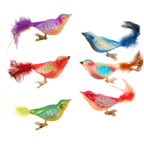Krebs kerstboomversiering vogels op clip - 12x st - gekleurd - glas - 11 cm -