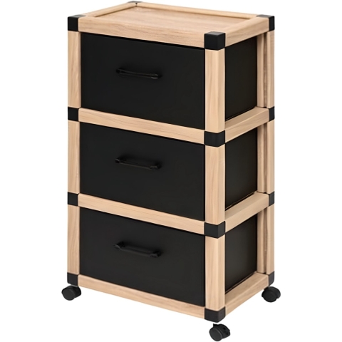 Opbergkastje op wielen met 3 lagen - beige/zwart - 46 x 32 x 85 cm - badkamer en meer -