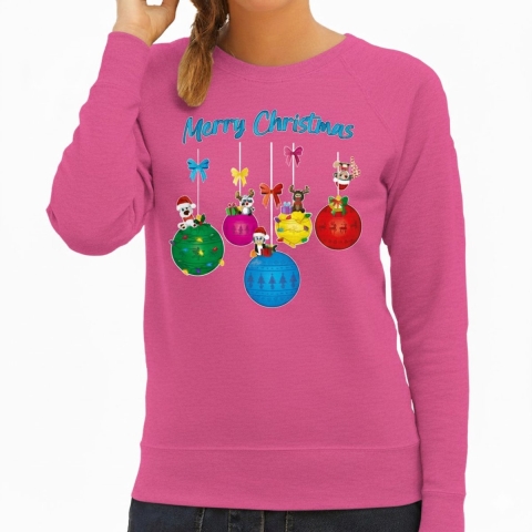 Kersttrui / sweater voor dames - kerstballen - roze - kerstdiertjes - Merry Christmas S -