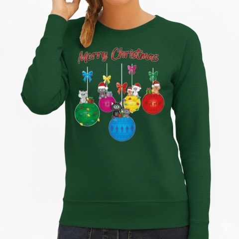 Kersttrui / sweater voor dames - kerstballen - groen - kerstpoes - Merry Christmas - poezen XL -