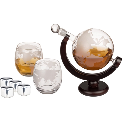 Whiskey karaf cadeau set - met 2 glazen en koelstenen - 850 ml - wereldbol -