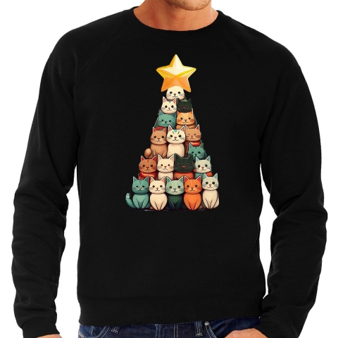Kerst trui / sweater voor heren - kerstboom van katjes - zwart - kerstkatjes - Kerstmis L -