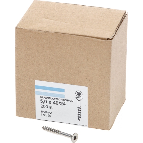 Hoenderdaal Spaanplaatschroef Rvs-A2 Platkop deeldraad Torx TX25 5.0X40/24 | 200 stuks - 0206.30.41601