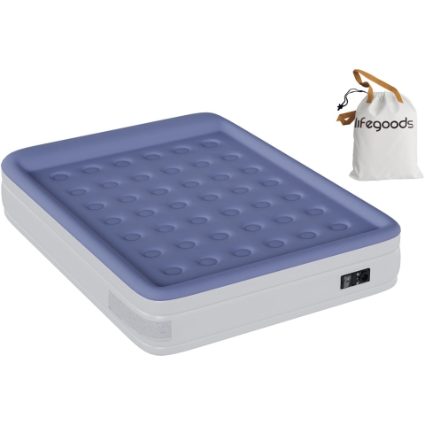 LifeGoods Luchtbed - 2 Persoons - met Ingebouwde Pomp - Incl. Draagtas en Reparatiekit - Wit/Blauw