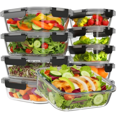KitchenBrothers Glas Meal Prep Set – 10 stuks: 5×1 Liter & 5×370 ml Bewaarbakken