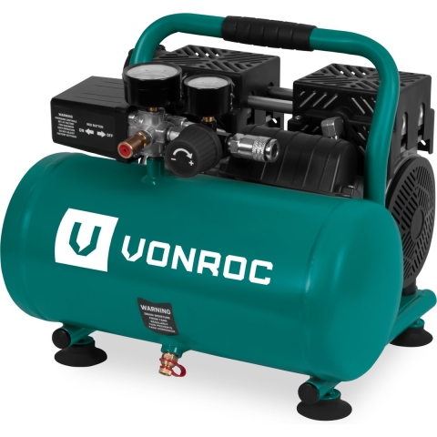 VONROC Compressor – Olievrij & Stil – 128 l/min – 750 W – 33,5 x 31,5 x 37 cm – Groen
