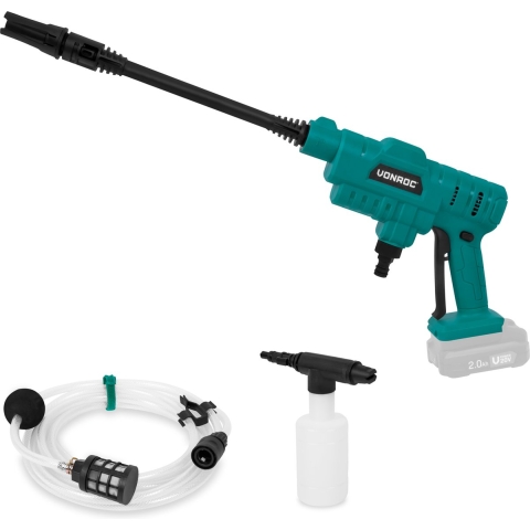 VONROC Accu drukreiniger 20V – 24bar – 198 l/h - Incl. 5m aanzuigslang, reinigingsmiddelenfles en regelbare spuitmond – Zonder accu & lader