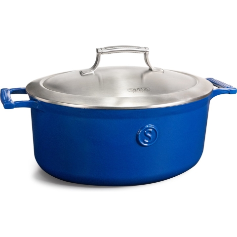 Saveur Voyage Braadpan Ø30 cm – Ovaal Gietijzer – PFAS-vrij – Geschikt voor Inductie & Oven – Klassiek Blauw – Voor Grote Maaltijden, Stoven & Slowcooking