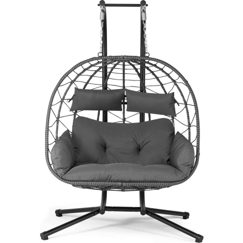 Juskys Polyrotan Dubbele Hangstoel Aria - Donkergrijs - Incl. Onderstel & Kussens