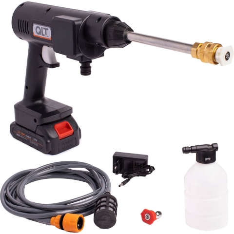 QLT Snoerloze Hogedrukreiniger met Accu en Verstelbaar Mondstuk - 3 Sproeipatronen - Voor Reinigen en Sproeien - Incl. Aanzuigslang en Fles - Zwart