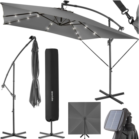 tectake® Rechthoekige parasol - Met LED-verlichting op zonne-energie - Incl. beschermhoes - Zweefparasol - Zonwering terras, tuin - Balkonparasol - Grote parasol - 250x300cm - Grijs