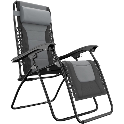 LifeGoods Ligstoel Comfort - Opvouwbaar - 30°-90° Verstelbaar - Beker en Telefoonhouder - Tuinstoel - Zwart/Grijs