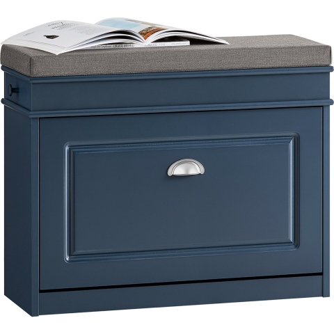 SoBuy Schoenenbank FSR82-L-B – Blauw Halmeubel met Klep, Lade, Kussen en Haak – 75 x 24 x 52 cm