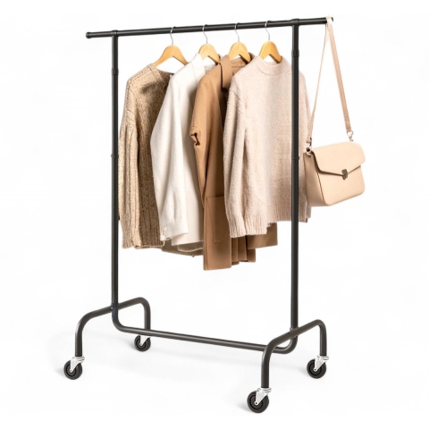 Goliving Kledingrek op wieltjes XL - Uitschuifbare Kledingstang 112-150 cm - 130kg Draagvermogen - Stevig Garderoberek - Metaal - Zwart