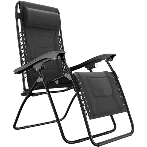 LifeGoods Ligstoel Comfort - Opvouwbaar - 30°-90° Verstelbaar - Beker en Telefoonhouder - Tuinstoel - Zwart