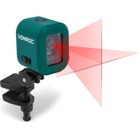VONROC Kruislijnlaser– Rood – 4V accu – 1800mah - Zelfnivellerend – 10 meter bereik – Incl. bevestigingsbeugel, USB-C kabel & opbergtas