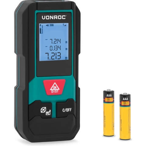 VONROC Laser Afstandsmeter – 20 meter bereik – Zeer compact formaat – meet afstand, oppervlakte, volume, Pythagorisch – aanpasbare meetreferentie – Inclusief batterijen