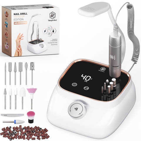 Beeperfect® Elektrische Nagelvijl Desktop Edition - Nagelfrees - Manicure en Pedicure set - 40.000RPM - Draadloos & Oplaadbaar - 11 Bitjes 3 Accessoires & 56 Schuurrolletjes - Rose Goud