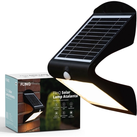 FlinQ Atalanta - Solar Wandlamp Buiten - Buitenlamp op Zonne Energie met Bewegingssensor - LED Tuinverlichting met Dag en Nacht Sensor - Buitenverlichting - Zwart
