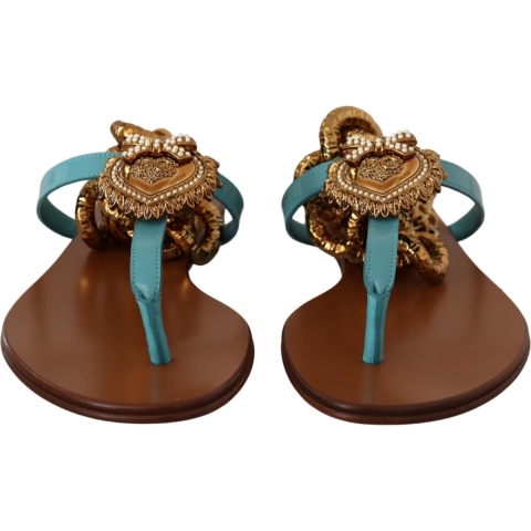 Sandaal met kettingversiering van leer - Platte sandaal - Blauw