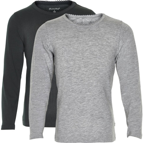 Minymo Blouse - 2-pack - Zwart/Grijs Gevlekt m. Kant - Minymo - 4 jaar (104) - Shirts