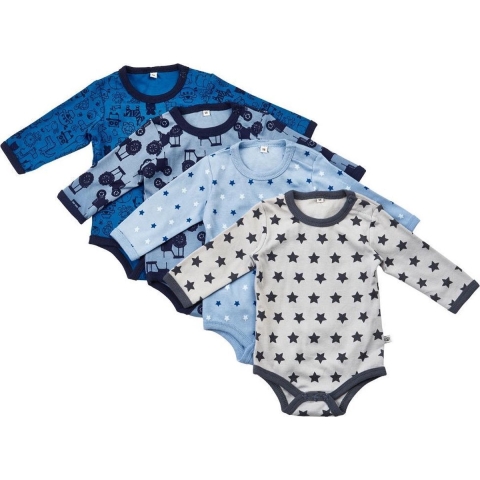 Pippi Rompers l/s - 4-pack - Blauw/Lichtblauw m. Patroon - Pippi Baby - 68 - Romper L/S