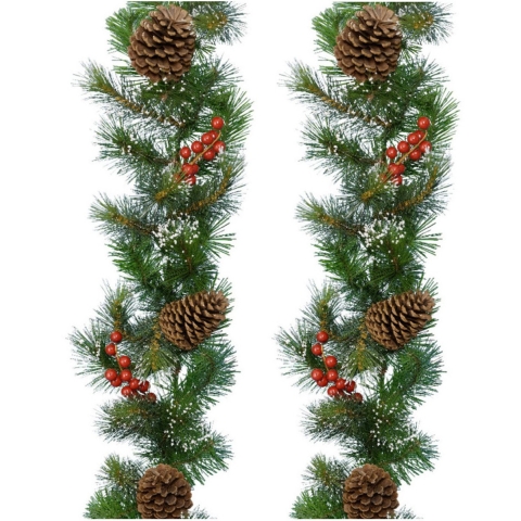 Decoris Guirlande - Set van 2x stuks - kerstslinger - groen - nepsneeuw en deco - 270 cm -