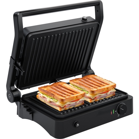 KitchenBrothers Contactgrill - Grill Apparaat - Uitneembare Grillplaten - Panini Grill - 3 hoogtestanden - Tosti ijzer - 2000W - Zwart