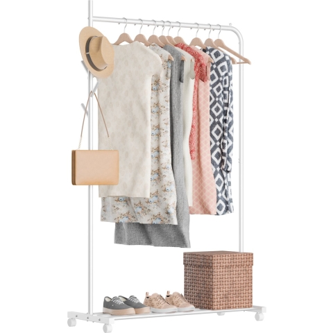 Avalo Kledingrek op Wieltjes Wit - Metaal - 100x40x156 - Opbergruimte Voor Schoenen