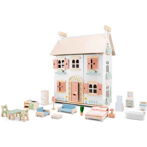 Woet® Houten Poppenhuis - Compleet met 20 Meubels - Pastelkleurig Speelhuis voor Kinderen